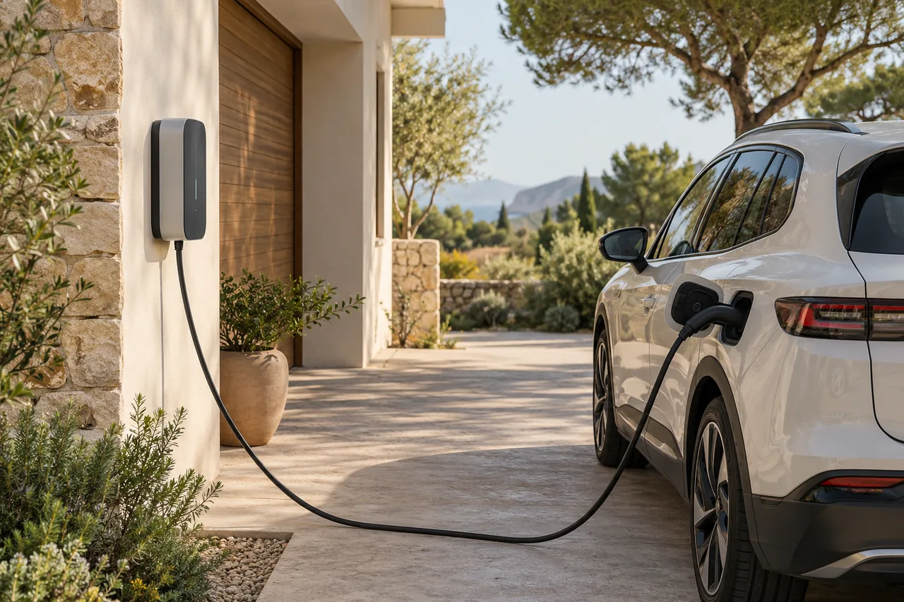 Vehículo eléctrico conectado a un cargador mural — imagen ilustrativa