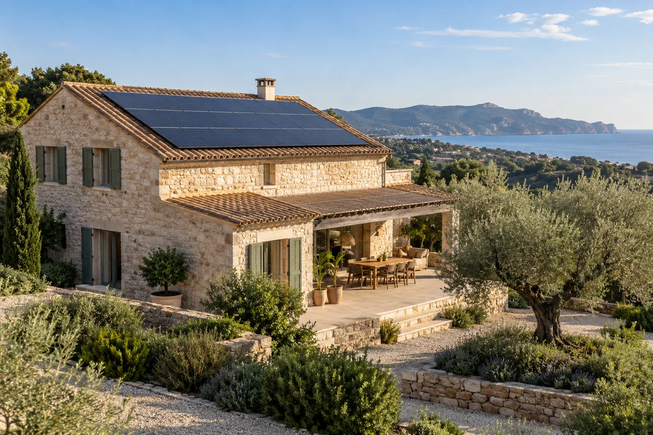 Vivienda mediterránea con paneles fotovoltaicos — imagen ilustrativa