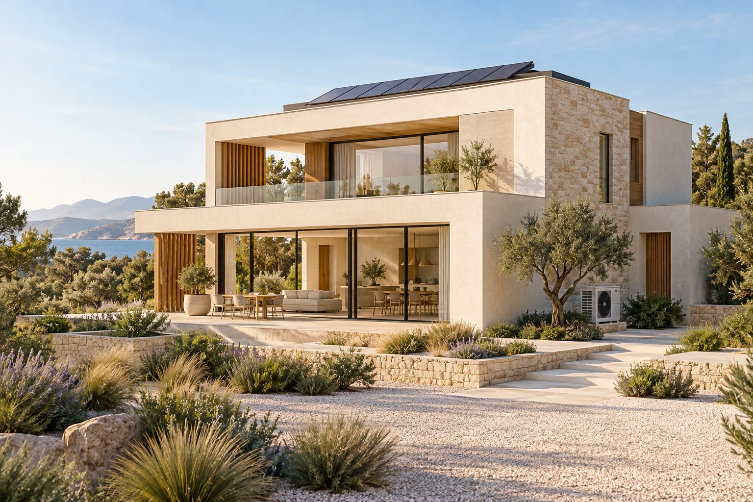 Visualización arquitectónica ilustrativa de una vivienda mediterránea con energía solar